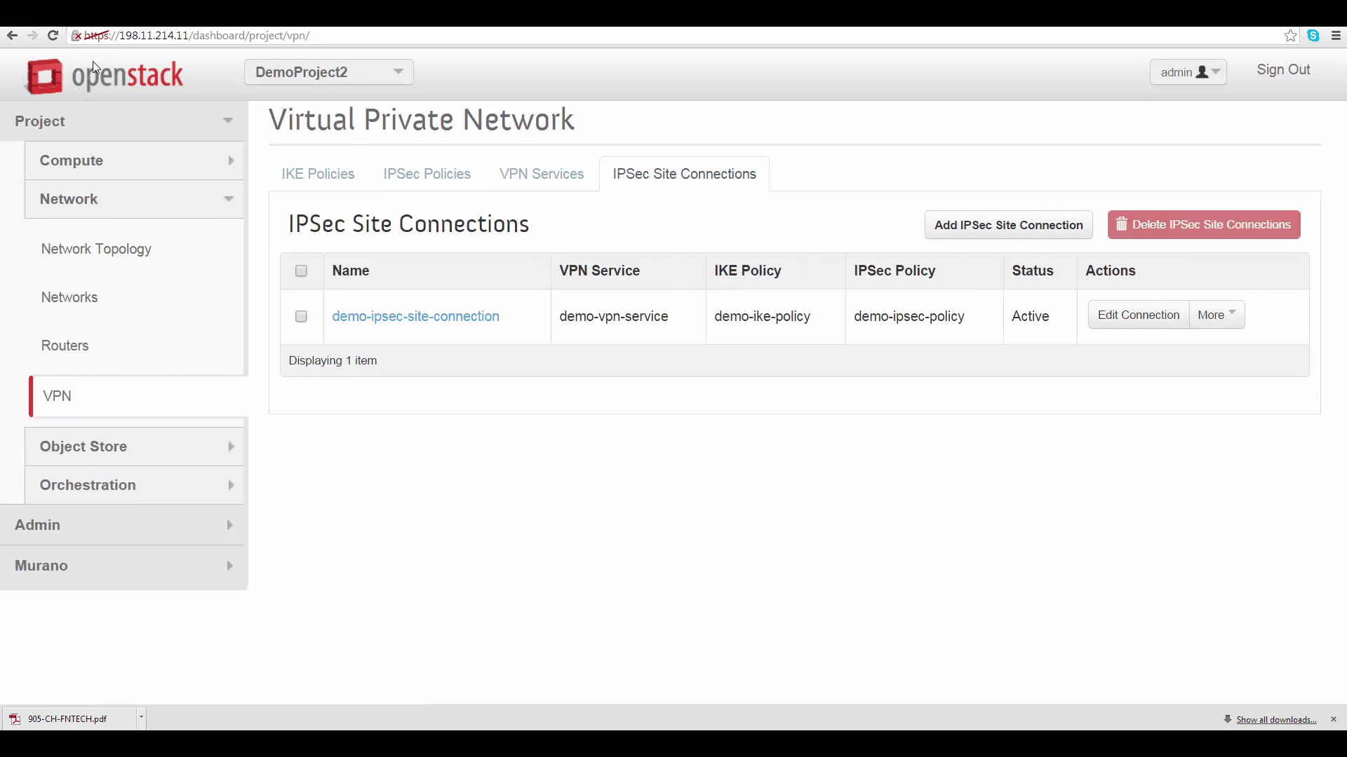 screenshot of Virtual Private Networks tab in Mirantis OpenStack Express dashboard depicting the demo IPSec Site Connection as active