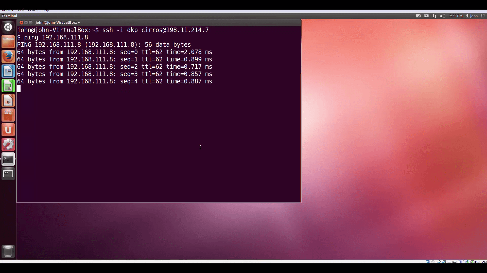 screenshot of terminal window depicting TestVM1 on Cloud A with internal IP of TestVM2 pinged