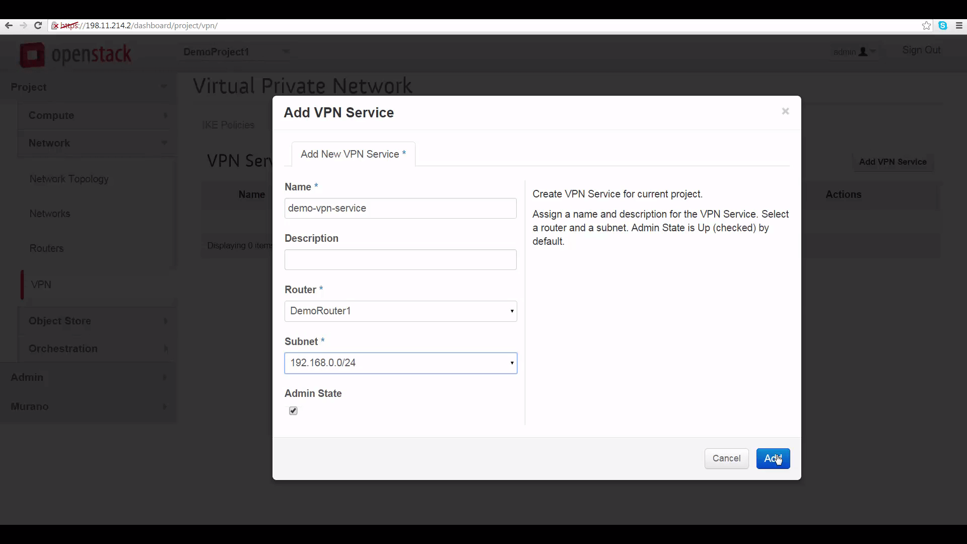 screenshot of Add VPN Service window in Mirantis OpenStack Express dashboard