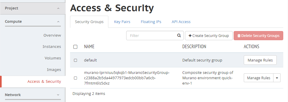 screenshot of Access & Security dashboard with Security Groups tab selected