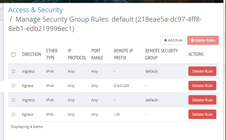 screenshot of Access & Security dashboard's Add Rule and Delete Rule buttons