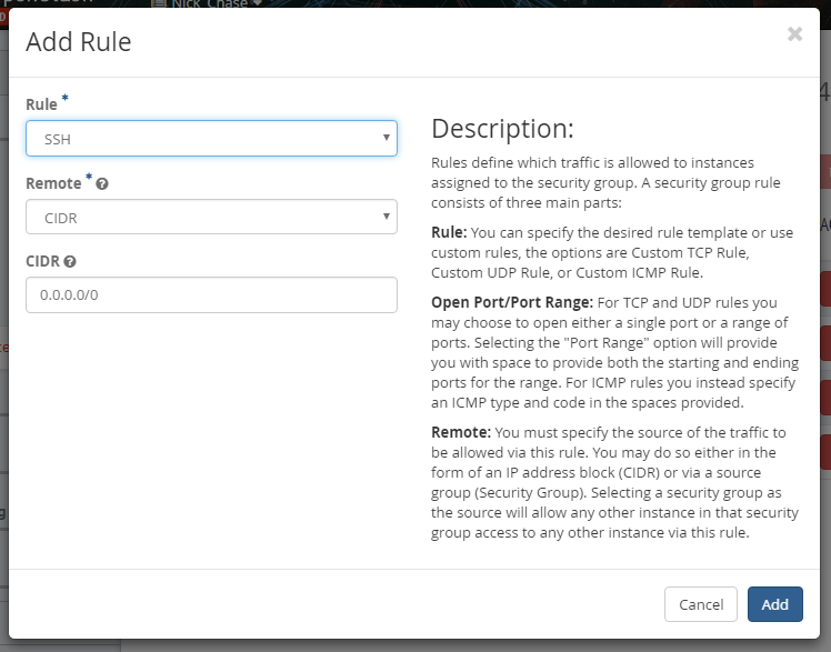 screenshot of the Add Rule window from Access & Security dashboard