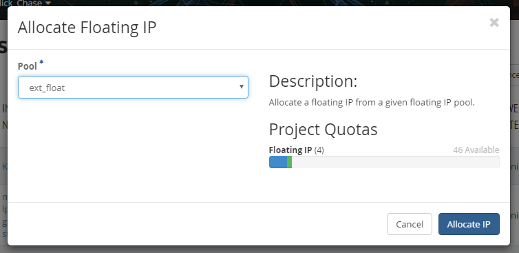 screenshot of Allocate Floating IP window with ext_float populating the Pool dropdown menu bar