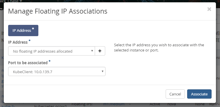 screenshot of Manage Floating IP Associations showing IP Address and Port to be associated dropdown menu bars