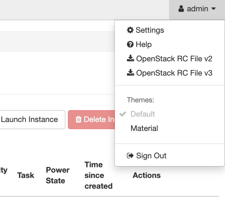 screenshot of upper right corner of OpenStack UI dashboard with admin dropdown menu open showing OpenStack RC File v3 highlighted