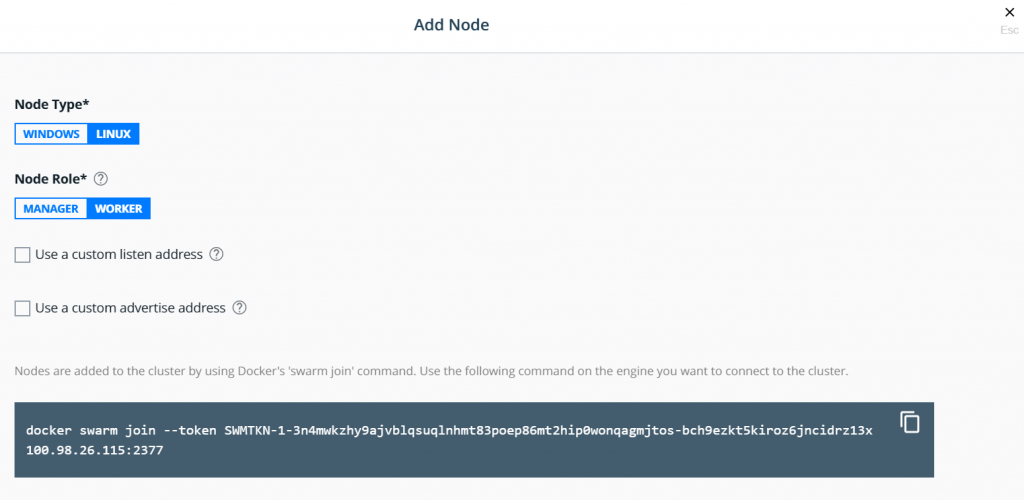 screenshot of Docker Enterprise UCP adding a node with swarm