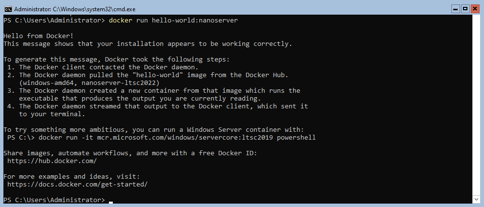 screenshot of hello-world readout within a Windows server terminal