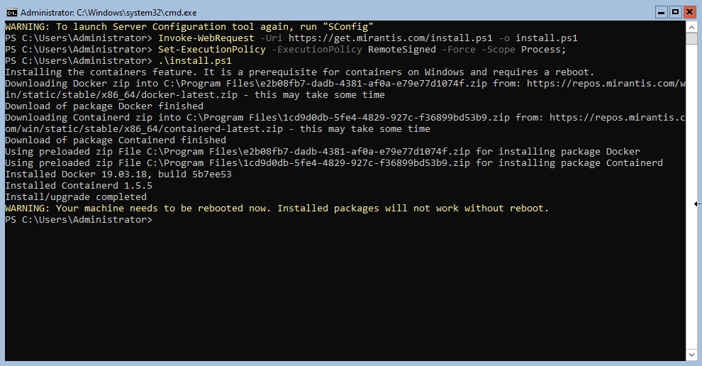 screenshot of install script in Windows server terminal