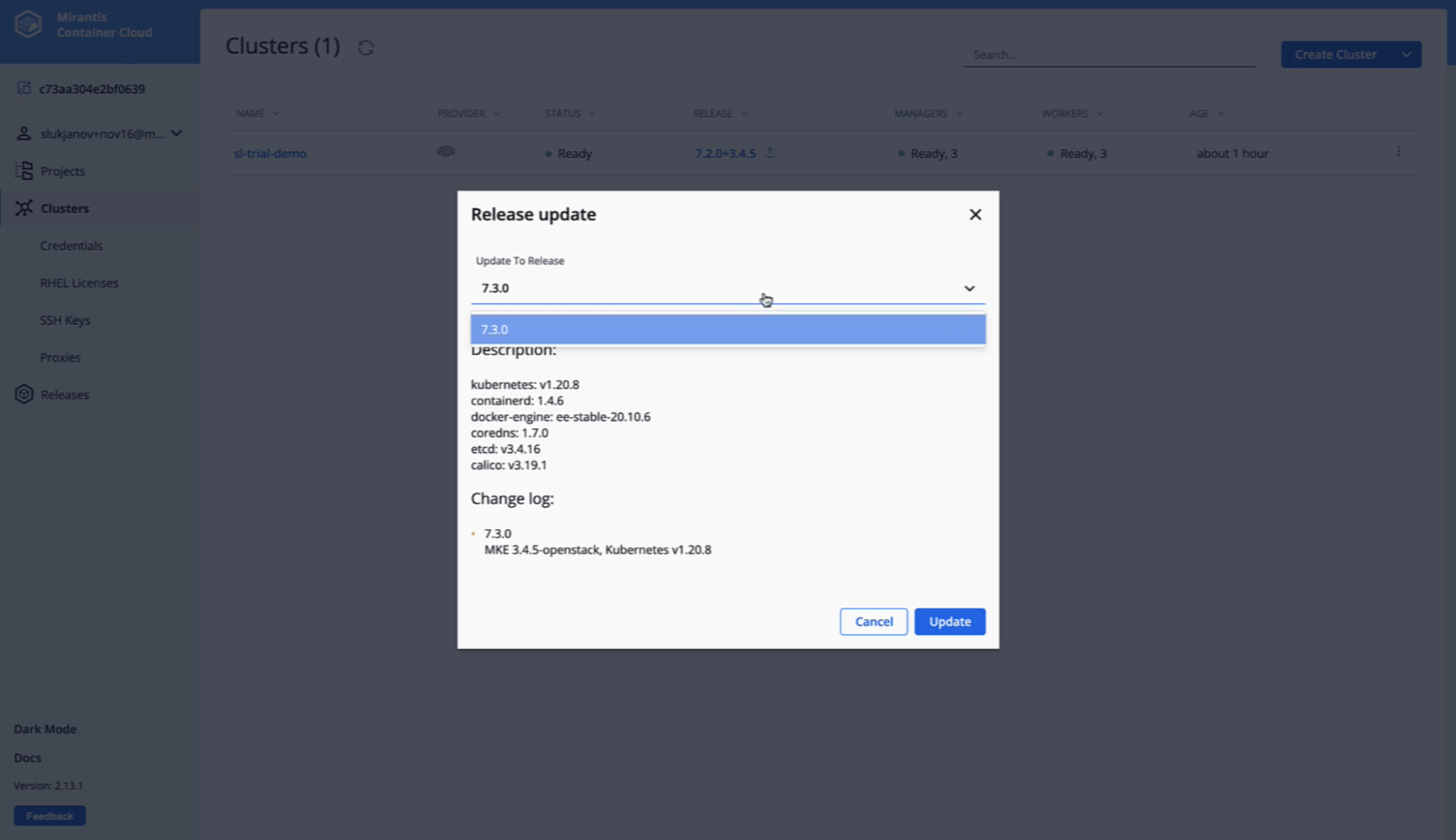 choose release update version in mirantis container cloud gui