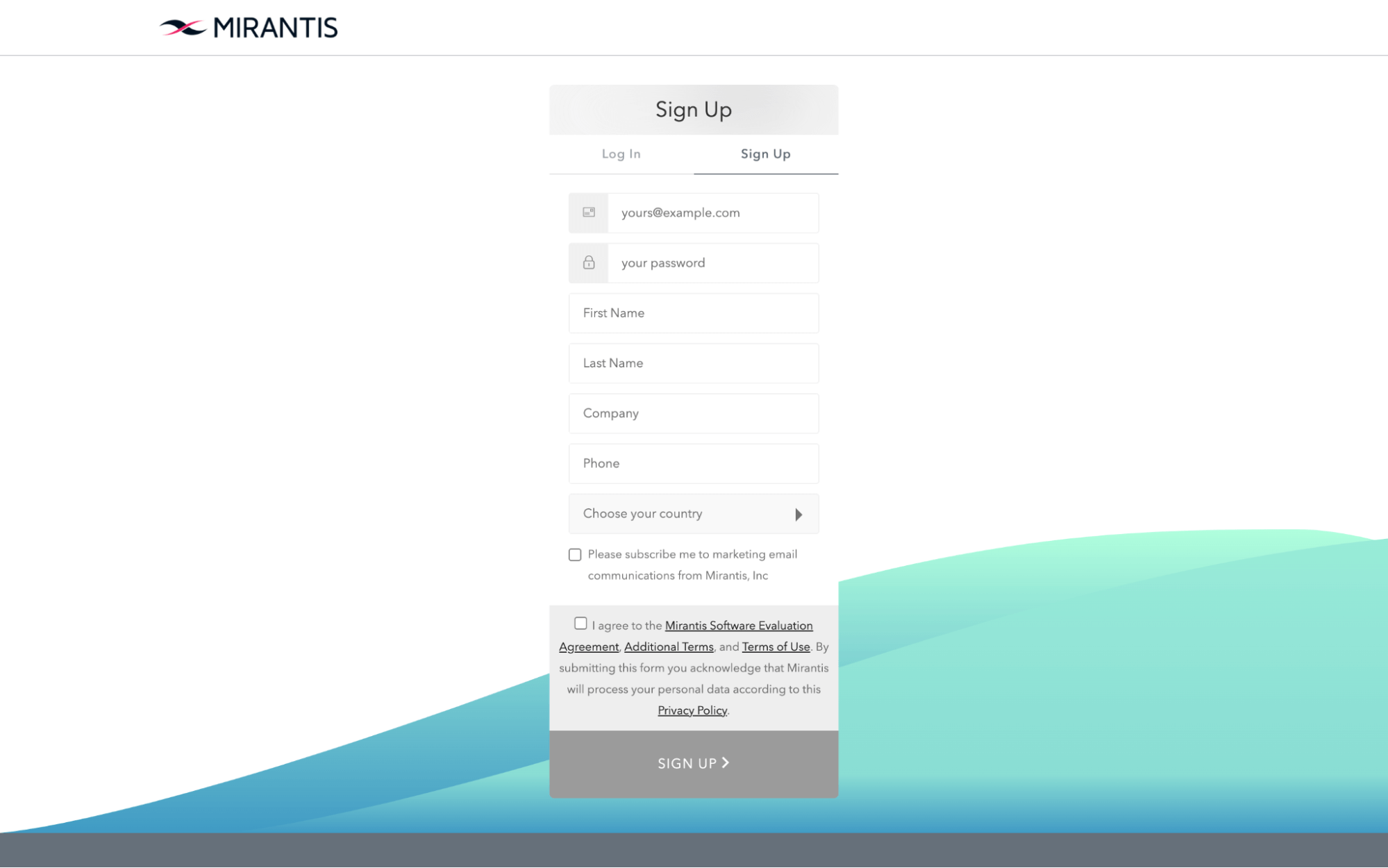 mirantis container cloud hosted trial sign up webpage
