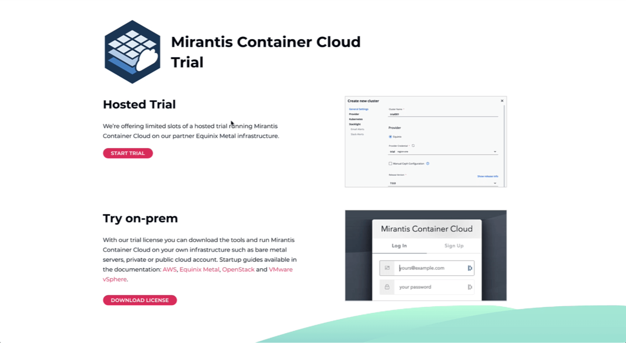 start trial page for mirantis container cloud hosted trial