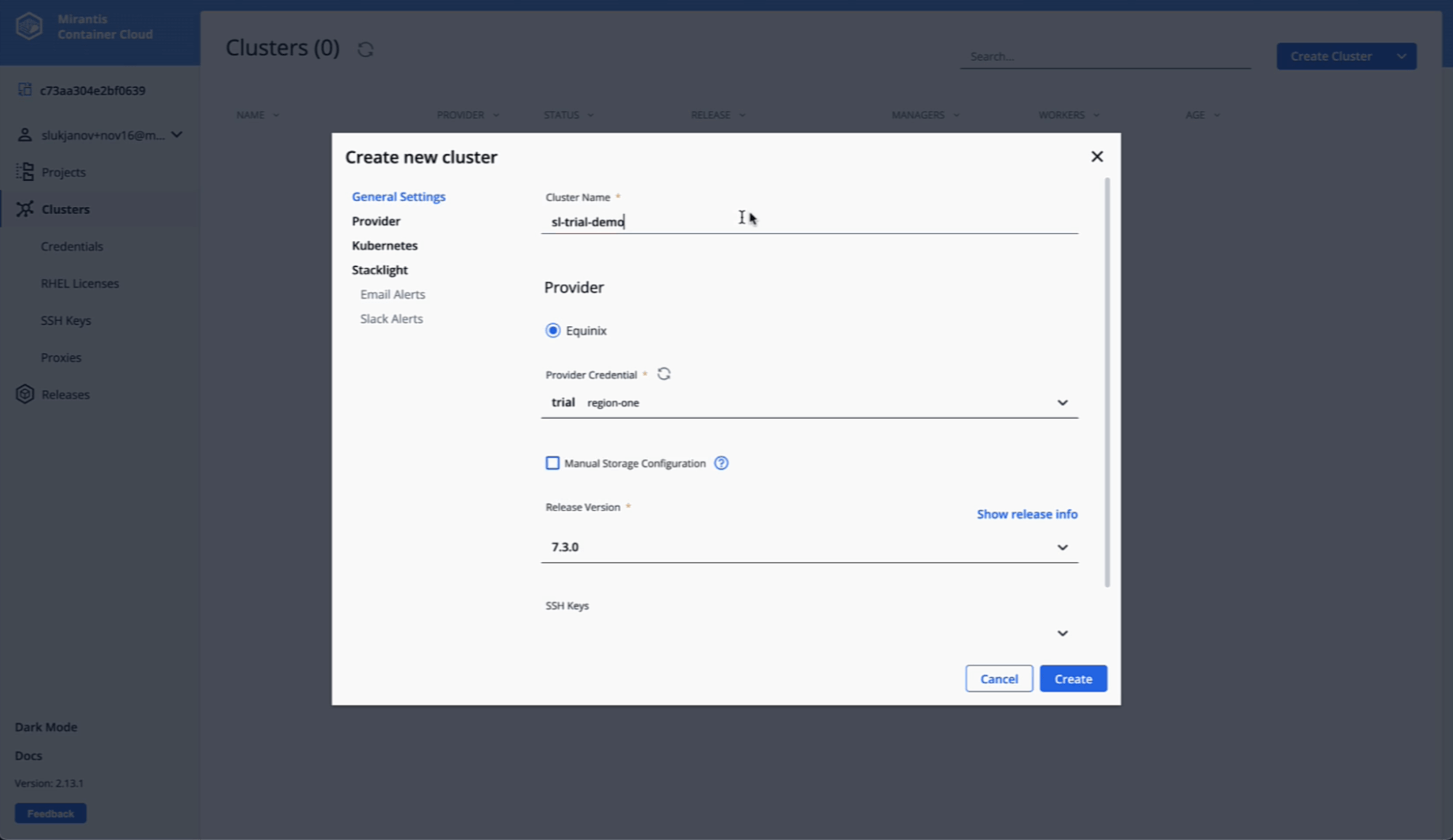 create new cluster dialog in mirantis container cloud gui
