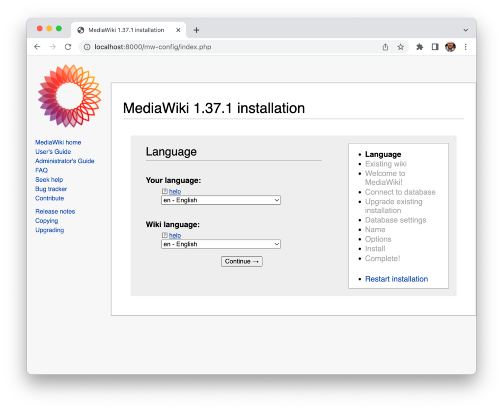Screenshot of MediaWiki installation in the Google chrome window.