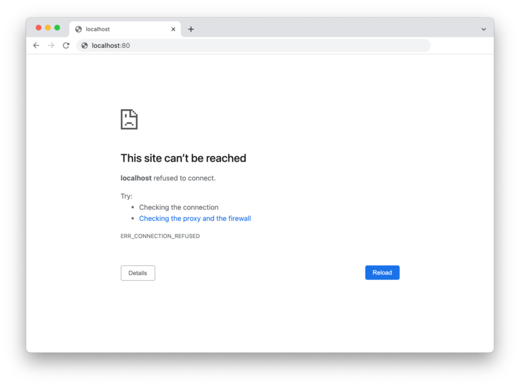 Google Chrome showing that a site can't be reached.