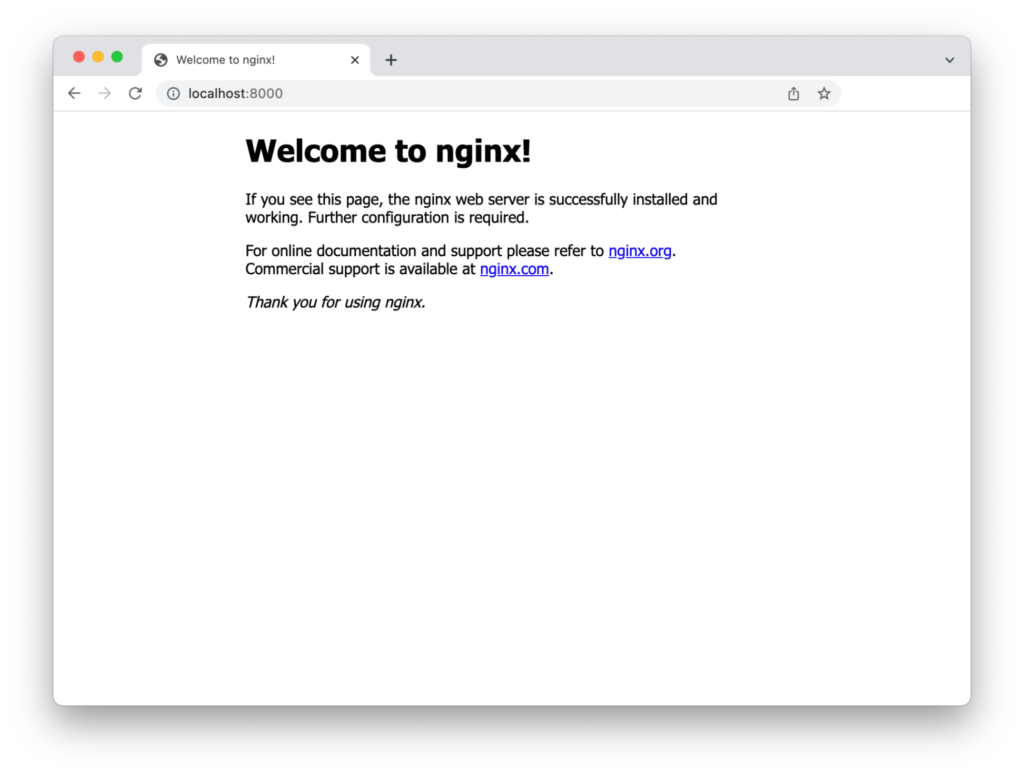 Google Chrome window showing some basic HTML indicating that the nginx server is running.