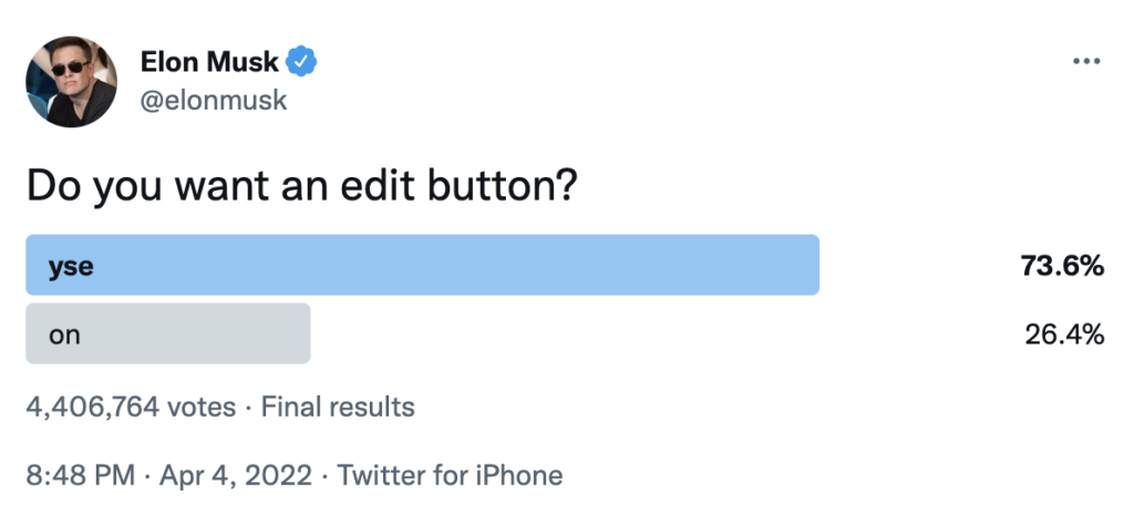 Elon Musk's Twitter poll about adding an edit button to Twitter