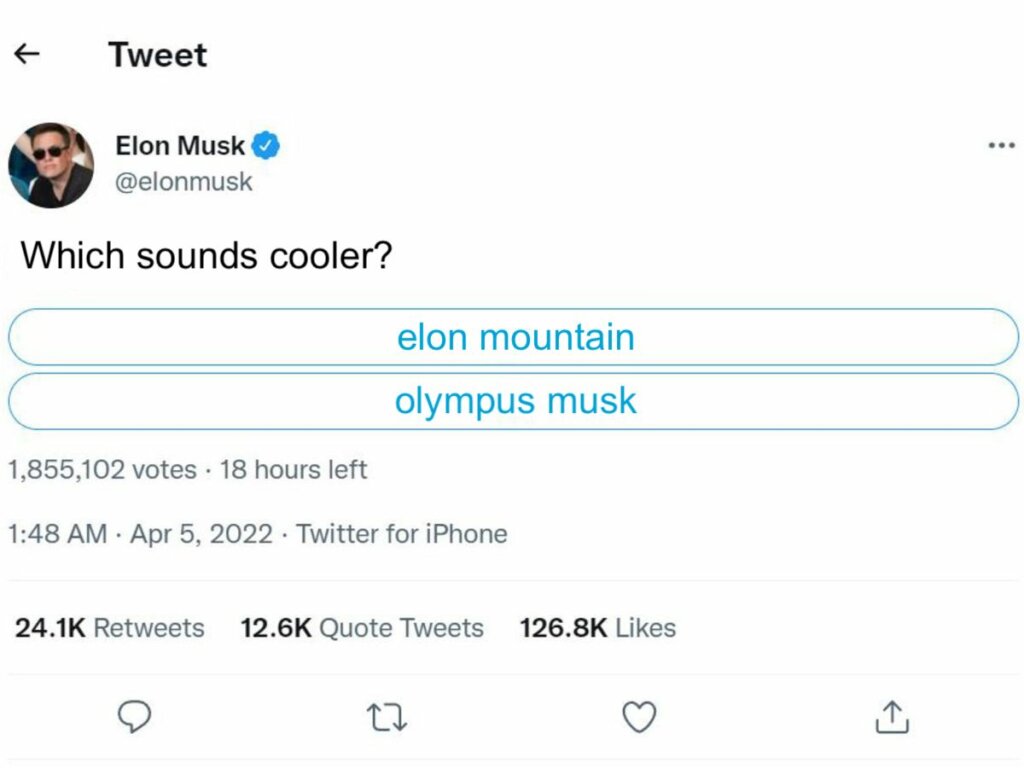 Mock Elon Musk Twitter poll: Which sounds cooler? elon mountain or olympus musk