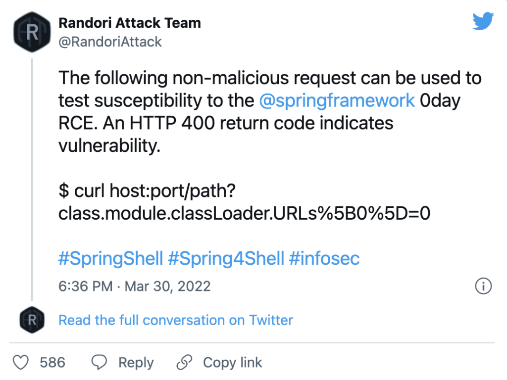 Screenshot of Twitter post sharing how to test for vulnerability of Spring4Shell