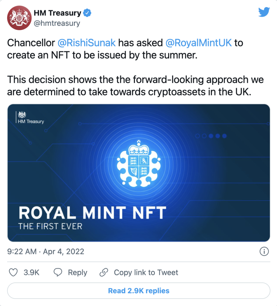 Tweet of the UK Treasury's announcement about the creation of their NFT